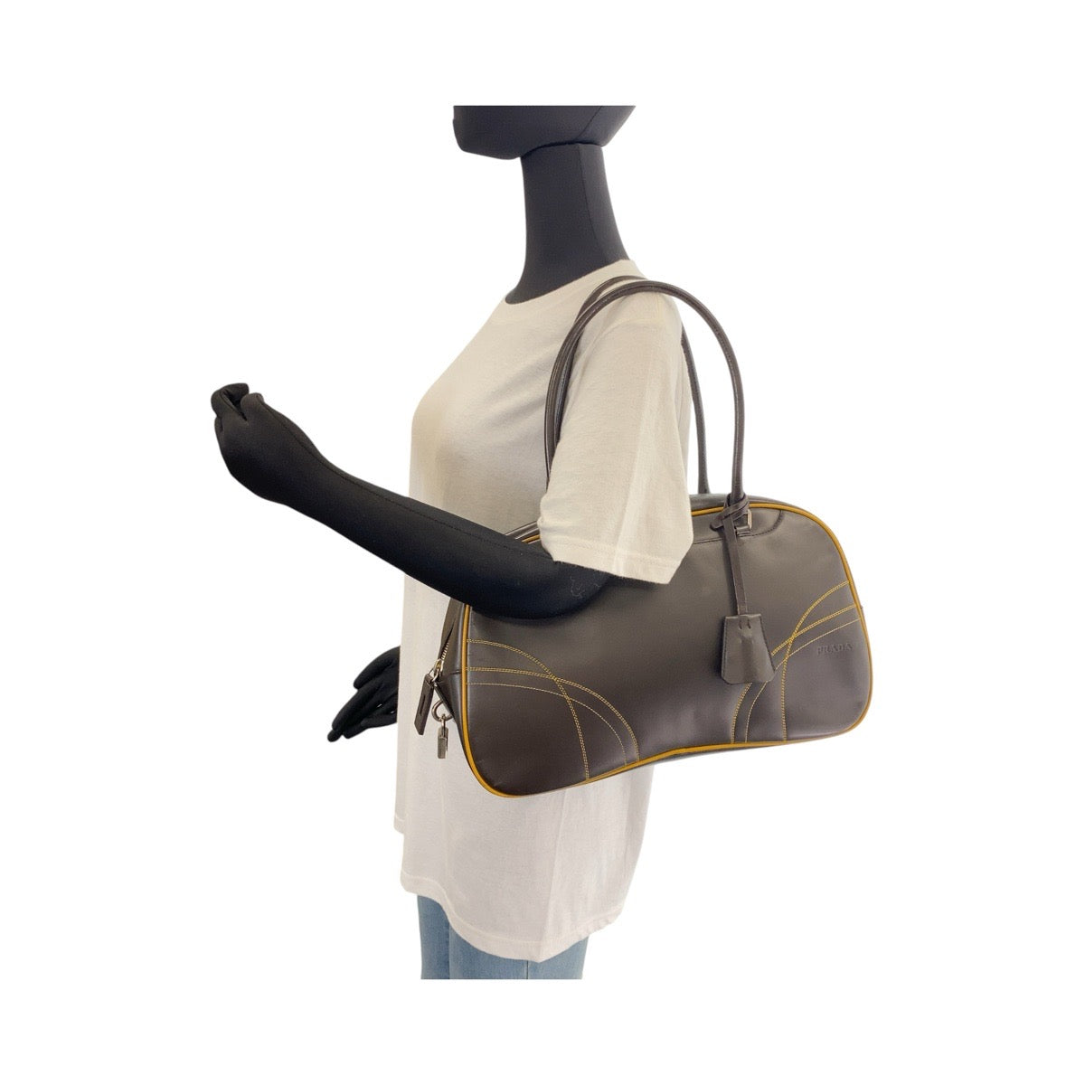 12943
PRADA プラダ ブラウン イエロー シルバー金具 レザー トートバッグ ミニボストンバッグ  レディース