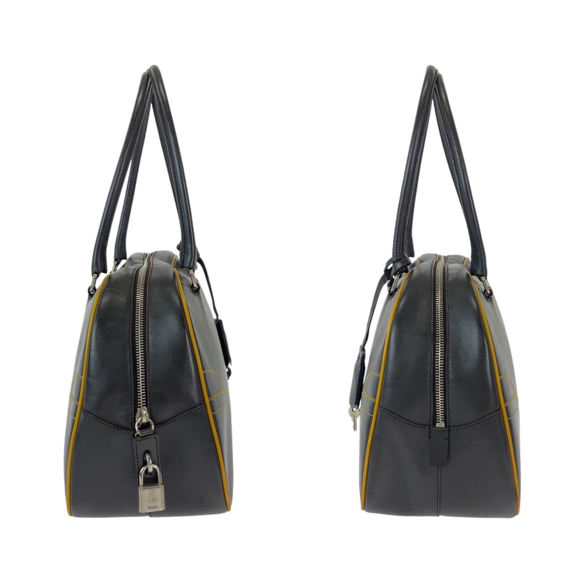 12943
PRADA プラダ ブラウン イエロー シルバー金具 レザー トートバッグ ミニボストンバッグ  レディース