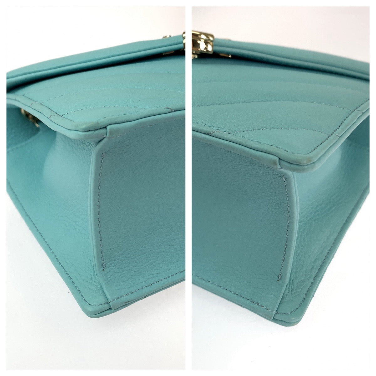 111947
CHANEL シャネル シェブロン ココマーク ターコイズブルー ゴールド金具 ラムスキン 斜め掛け チェーンショルダーバッグ ポシェット  レディース