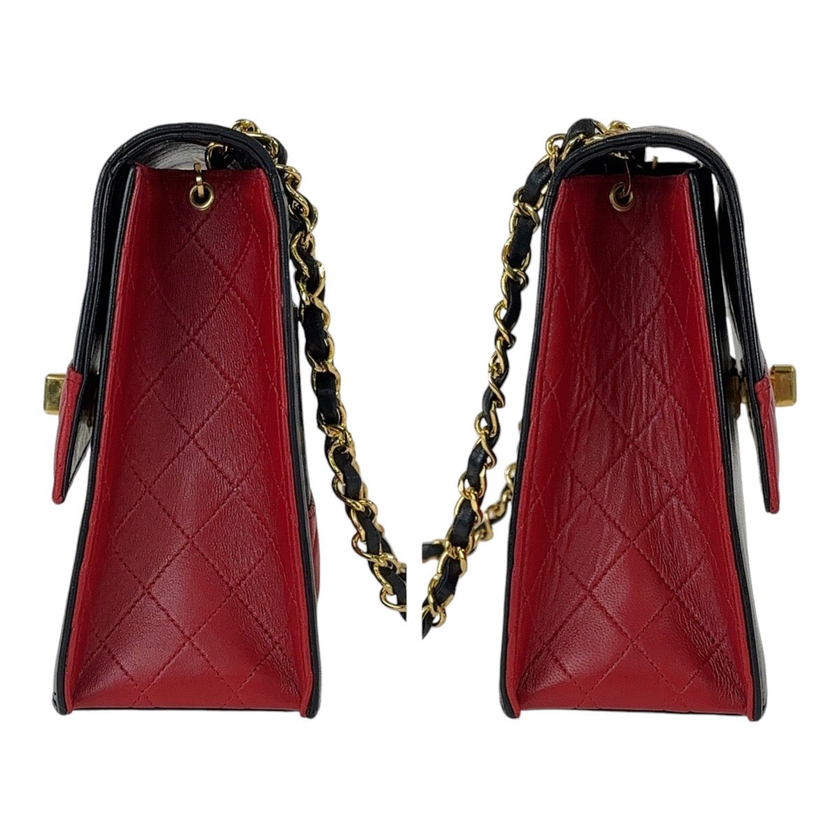 CHANEL シャネル ヴィンテージ 台形 マトラッセ ターンロック バイカラー ブラック レッド ゴールド金具 ラムスキン 斜め掛け チェーンショルダーバッグ  レディース