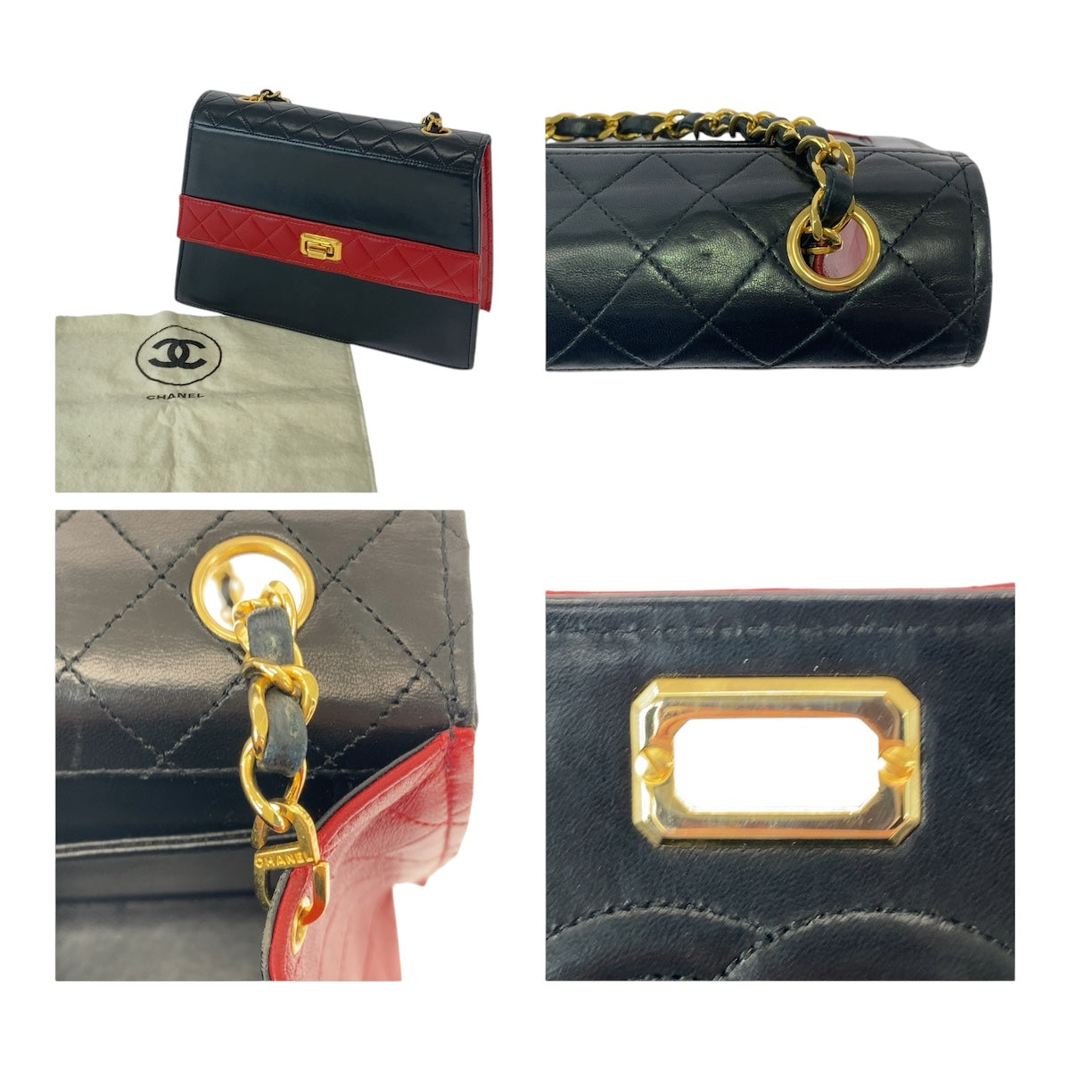 CHANEL シャネル ヴィンテージ 台形 マトラッセ ターンロック バイカラー ブラック レッド ゴールド金具 ラムスキン 斜め掛け チェーンショルダーバッグ  レディース