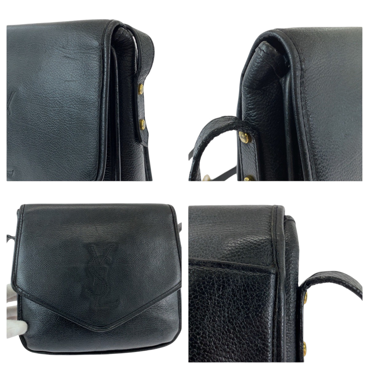 12946
YVES SAINT LAURENT イヴ サンローラン ヴィンテージ YSL ブラック 黒 レザー 斜め掛け ショルダーバッグ ポシェット  レディース
