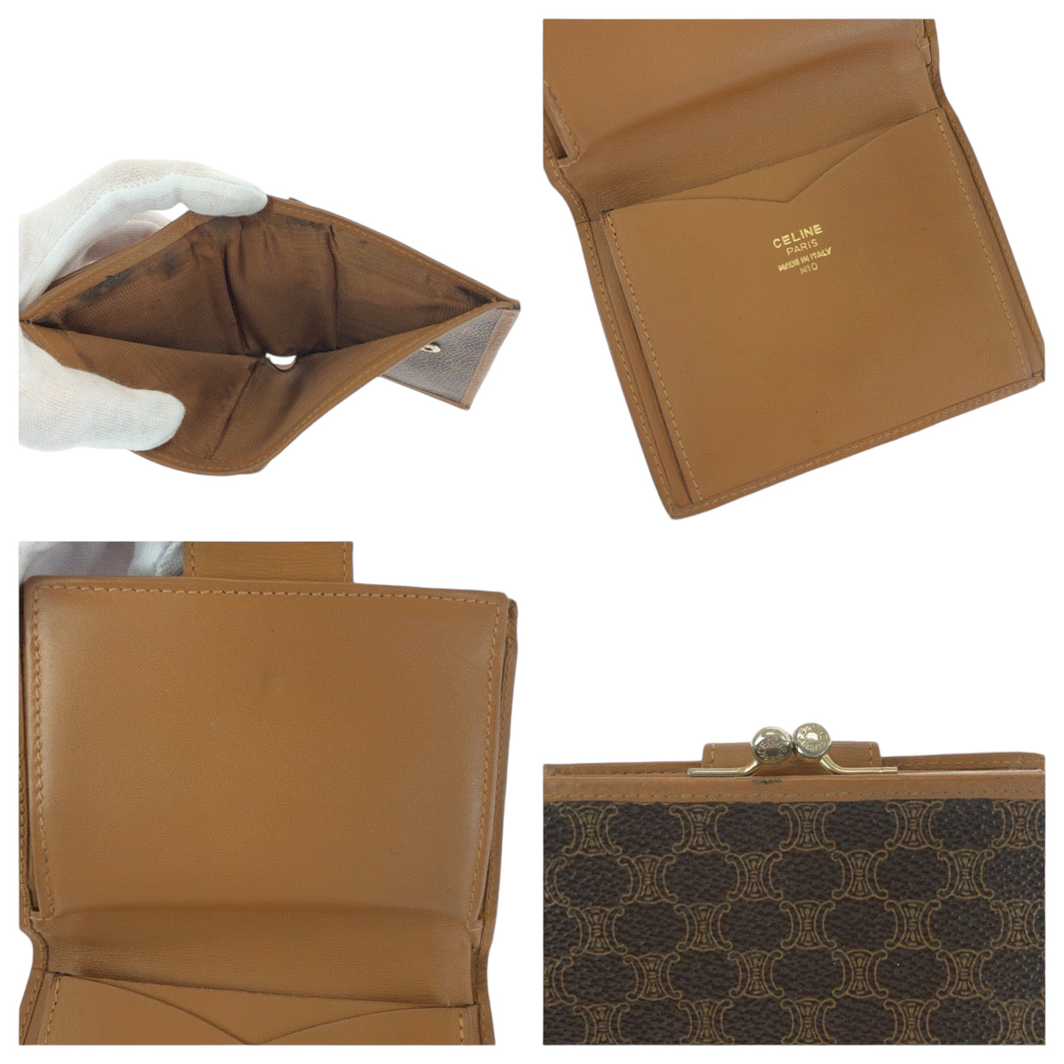 12951
CELINE セリーヌ ヴィンテージ マカダム ブラウン ゴールド金具 PVC M10 折財布 コンパクトウォレット がま口  レディース