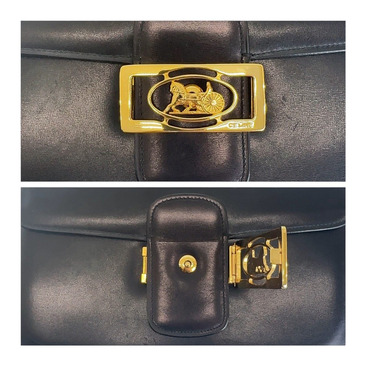 12969
CELINE セリーヌ ヴィンテージ 馬車金具 ホースキャリッジ ブラック 黒 ゴールド金具 レザー ショルバーバッグ ハンドバッグ  レディース