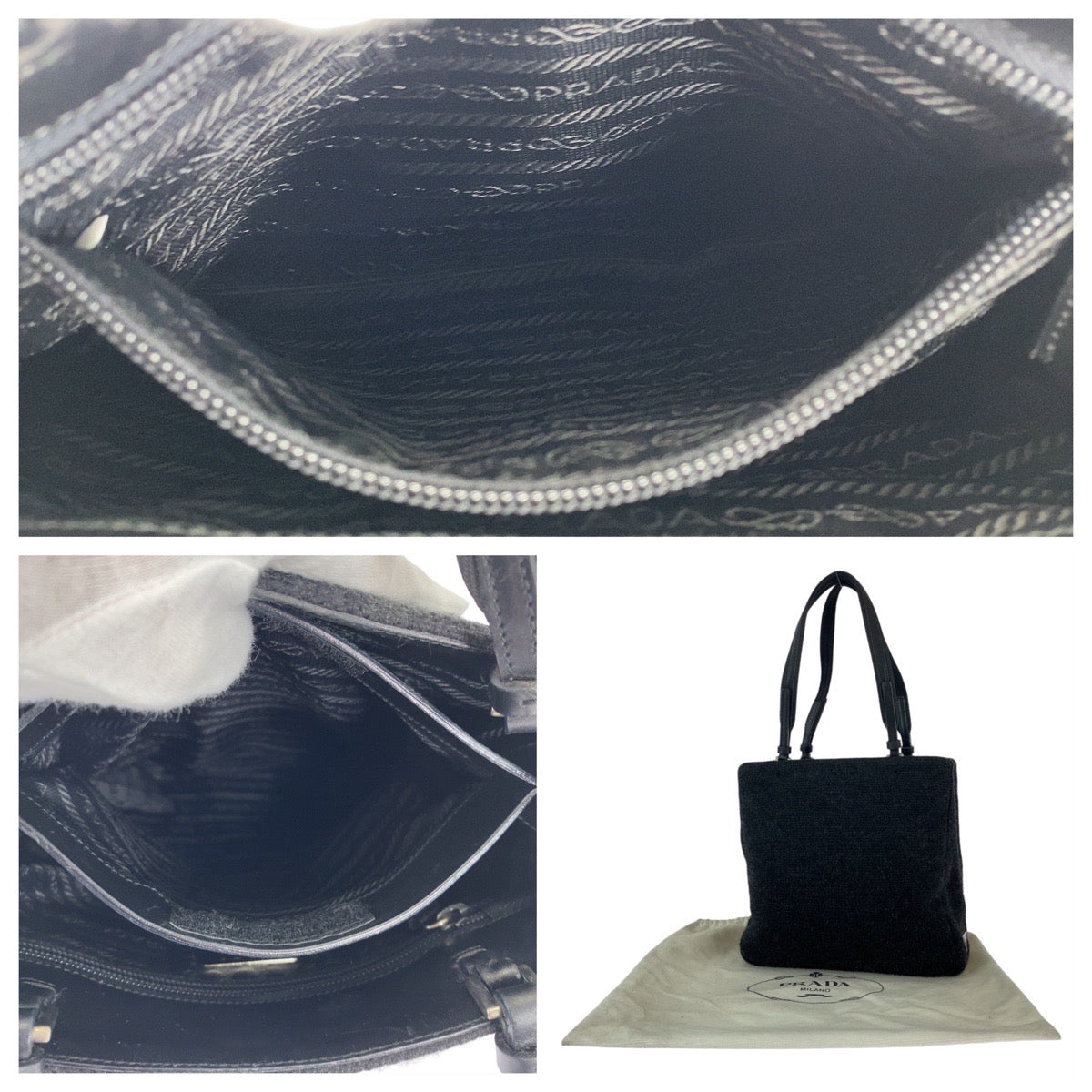 11931
PRADA プラダ 三角ロゴプレート ブラック 黒 シルバー金具 ウール トートバッグ ショルダーバッグ  レディース