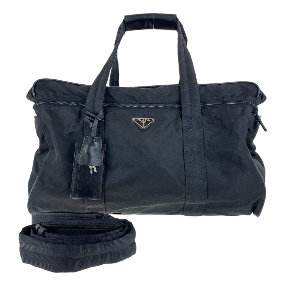 PRADA Tessuto Triangle Logo Plate Unisex Black Silver Hardware Nylon Boston Bag Shoulder Bag 2way Men's