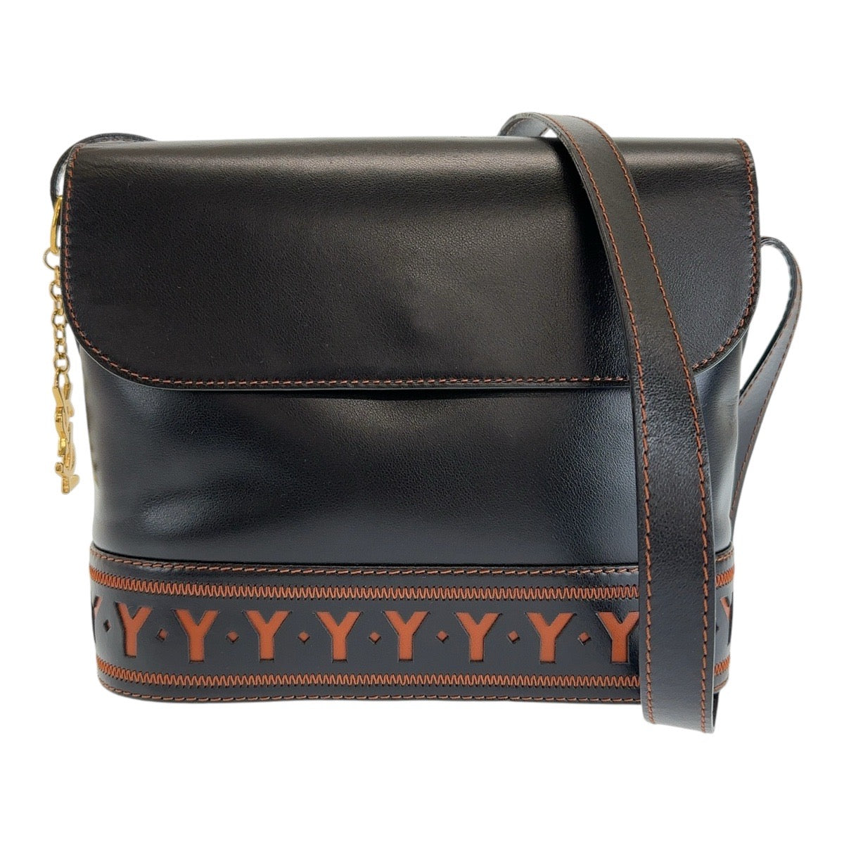 12975
YVES SAINT LAURENT イヴ サンローラン ヴィンテージ YSL カットアウト ブラック ゴールド金具 レザー 斜め掛け ショルダーバッグ ポシェット  レディース