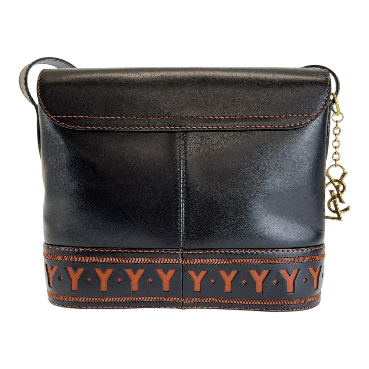 12975
YVES SAINT LAURENT イヴ サンローラン ヴィンテージ YSL カットアウト ブラック ゴールド金具 レザー 斜め掛け ショルダーバッグ ポシェット  レディース