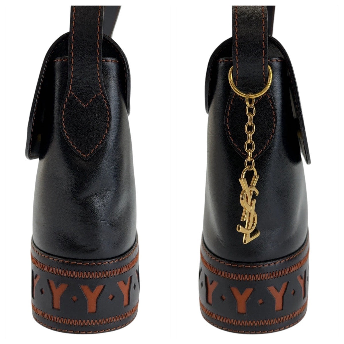 12975
YVES SAINT LAURENT イヴ サンローラン ヴィンテージ YSL カットアウト ブラック ゴールド金具 レザー 斜め掛け ショルダーバッグ ポシェット  レディース