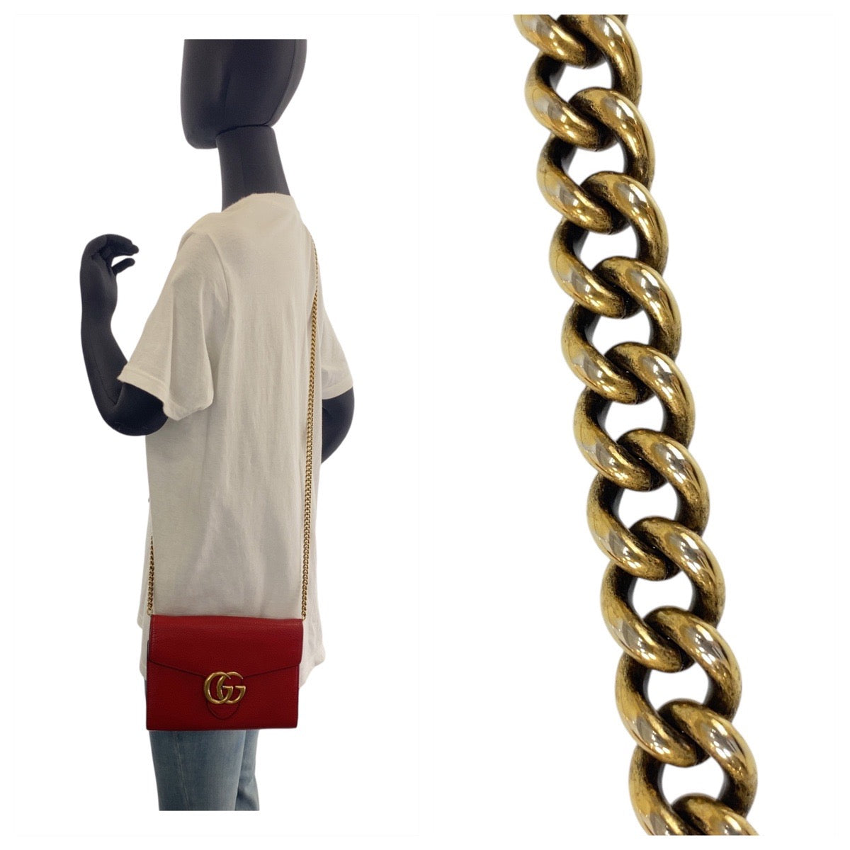 12985
GUCCI グッチ GGマーモント レッド ゴールド金具 レザー 401232 斜め掛け ショルダーバッグ チェーンウォレット  レディース