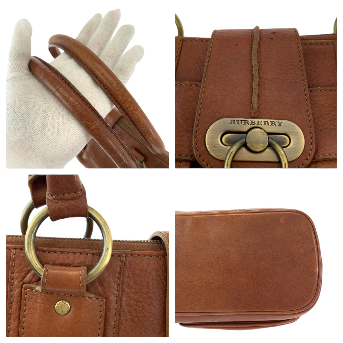 12986
BURBERRY バーバリー 中チェック柄 ブラウン ゴールド金具 レザー ハンドバッグ ショルダーバッグ  レディース