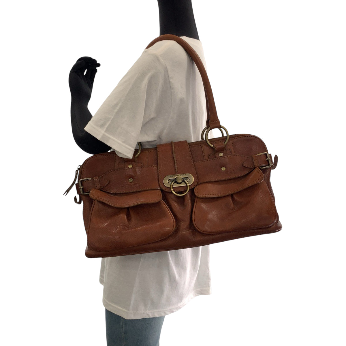 12986
BURBERRY バーバリー 中チェック柄 ブラウン ゴールド金具 レザー ハンドバッグ ショルダーバッグ  レディース