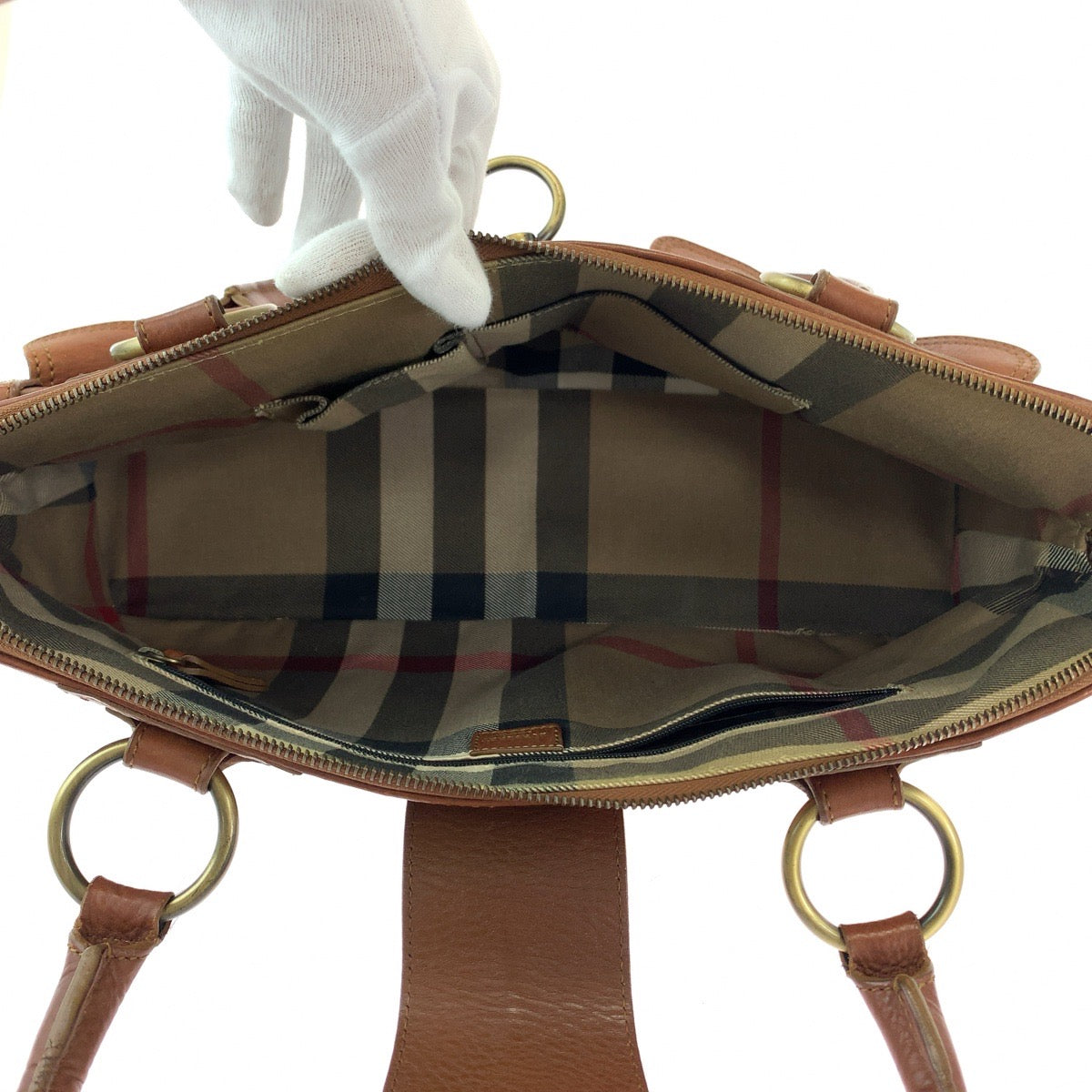 12986
BURBERRY バーバリー 中チェック柄 ブラウン ゴールド金具 レザー ハンドバッグ ショルダーバッグ  レディース