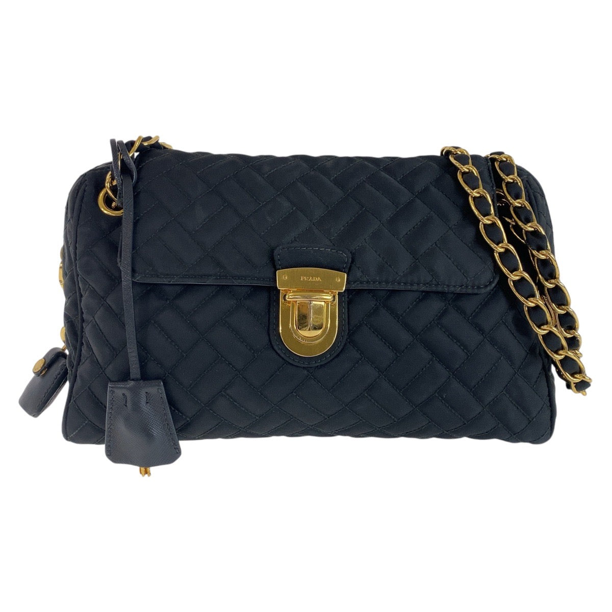 12837
 PRADA Vintage Tessuto Quilted Black Gold Hardware Nylon Shoulder Bag Chain Shoulder Bag for Women