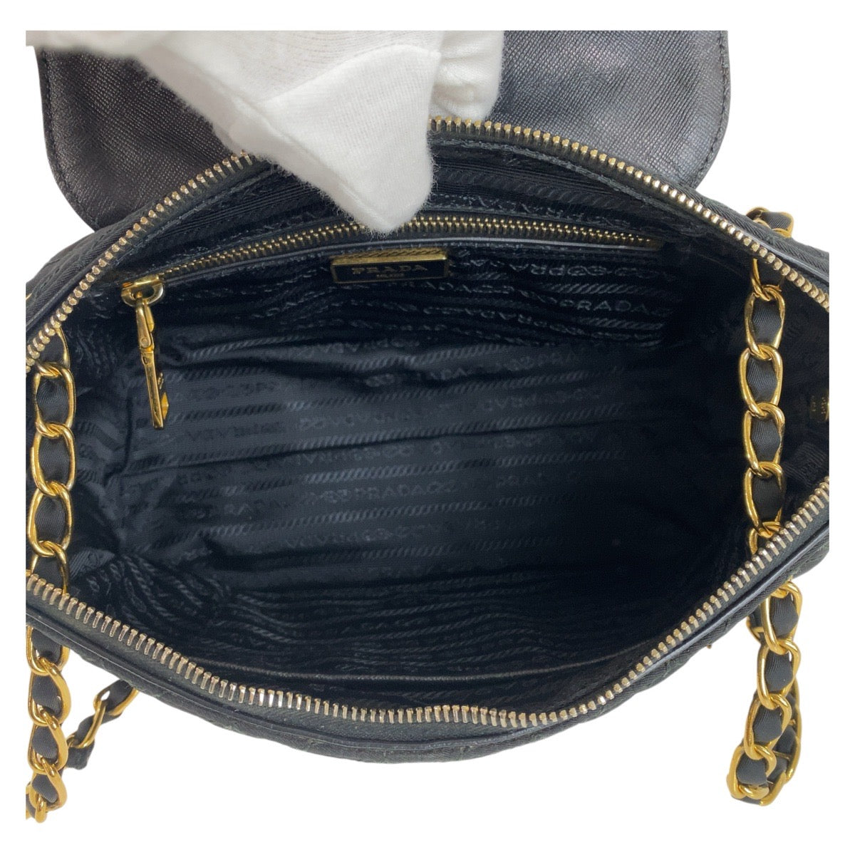 12837
 PRADA Vintage Tessuto Quilted Black Gold Hardware Nylon Shoulder Bag Chain Shoulder Bag for Women