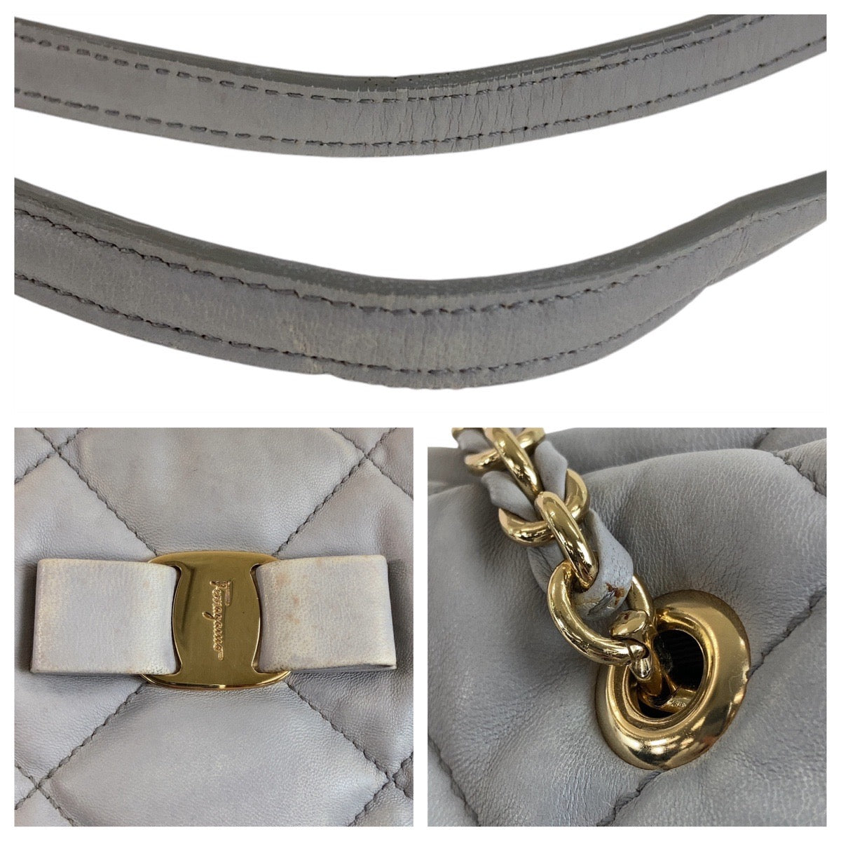 11921
Salvatore Ferragamo サルヴァトーレフェラガモ ヴァラ グレー ゴールド金具 レザー 斜め掛け ショルダーバッグ メッセンジャーバッグ  レディース