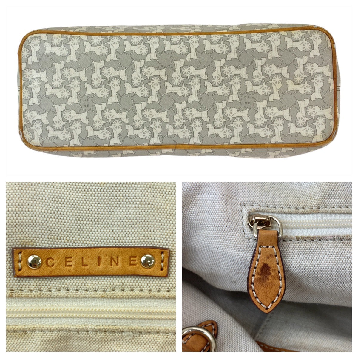 11920
CELINE セリーヌ ヴィンテージ サルキー 馬車柄 グレー ゴールド金具 PVC / レザー トートバッグ ショルダーバッグ  レディース