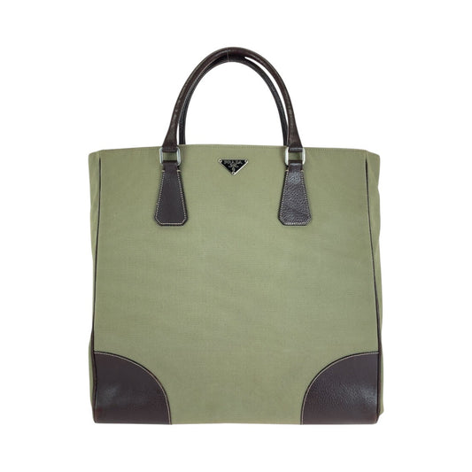 12998
PRADA プラダ 三角ロゴプレート カーキ ブラウン シルバー金具 キャンバス / レザー トートバッグ ハンドバッグ 男女兼用  メンズ
