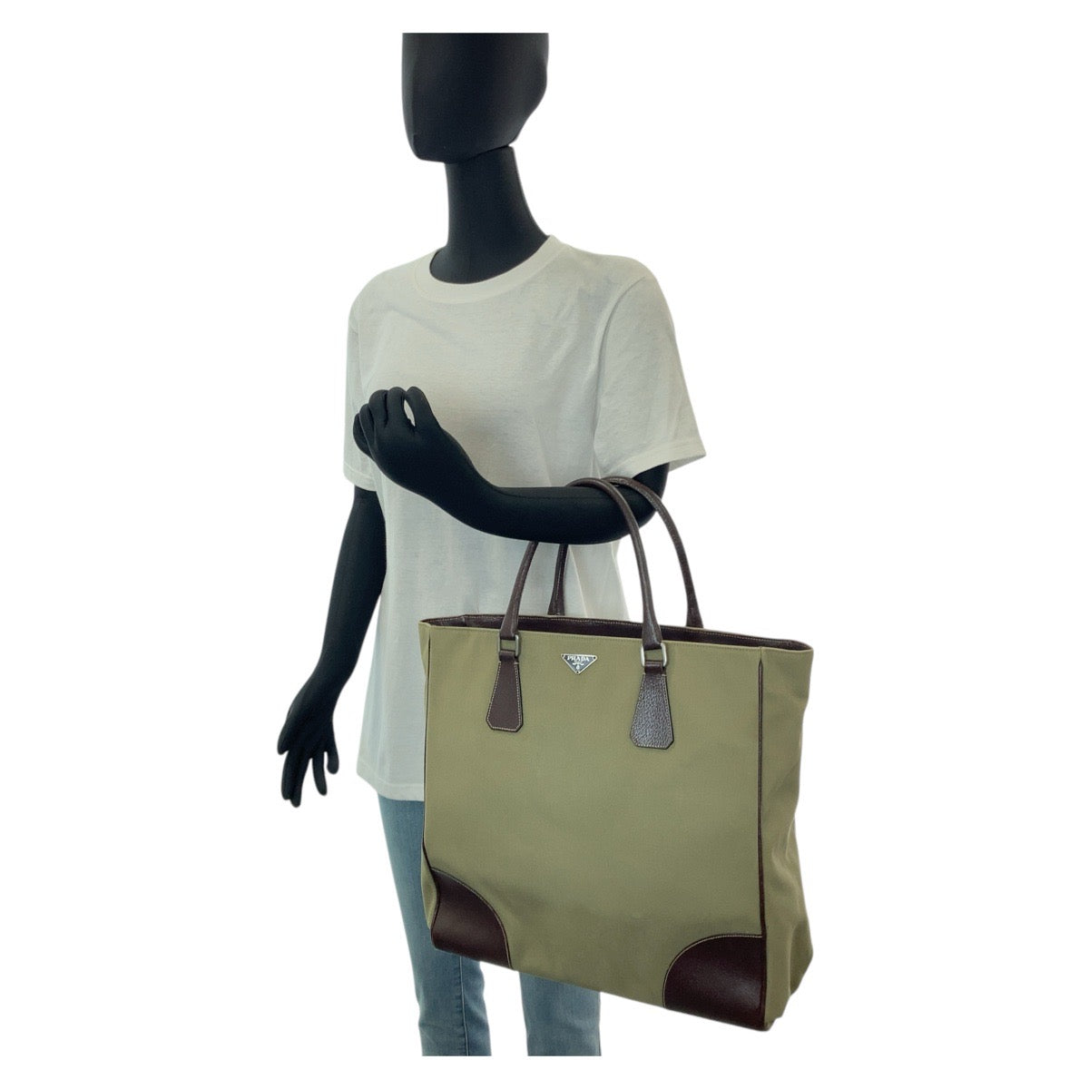 PRADA Prada Triangle logo plate Khaki Brown Silver hardware Canvas/Leather Tote bag Shoulder bag Unisex Women's