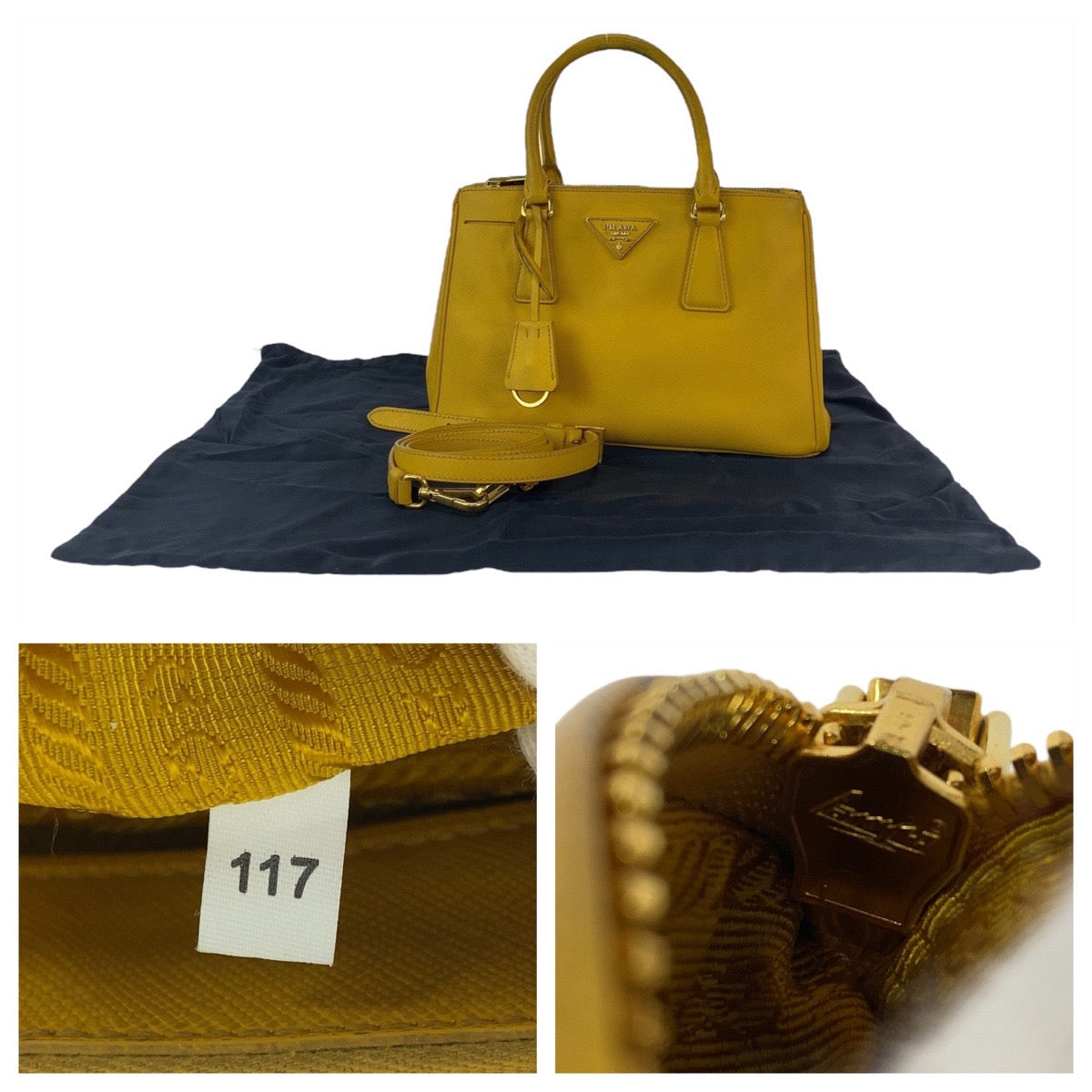 12836
PRADA プラダ サフィアーノ 三角ロゴプレート ガレリア イエロー ゴールド金具 レザー ハンドバッグ トートバッグ ショルダーバッグ 2way レディース AB54