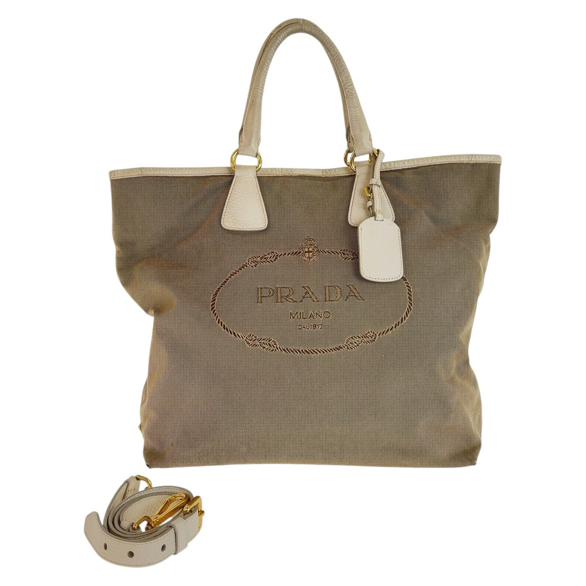 12835
 PRADA Prada Logo Jacquard Beige Gold Hardware Canvas/Leather Tote Bag Shoulder Bag 2way Women's