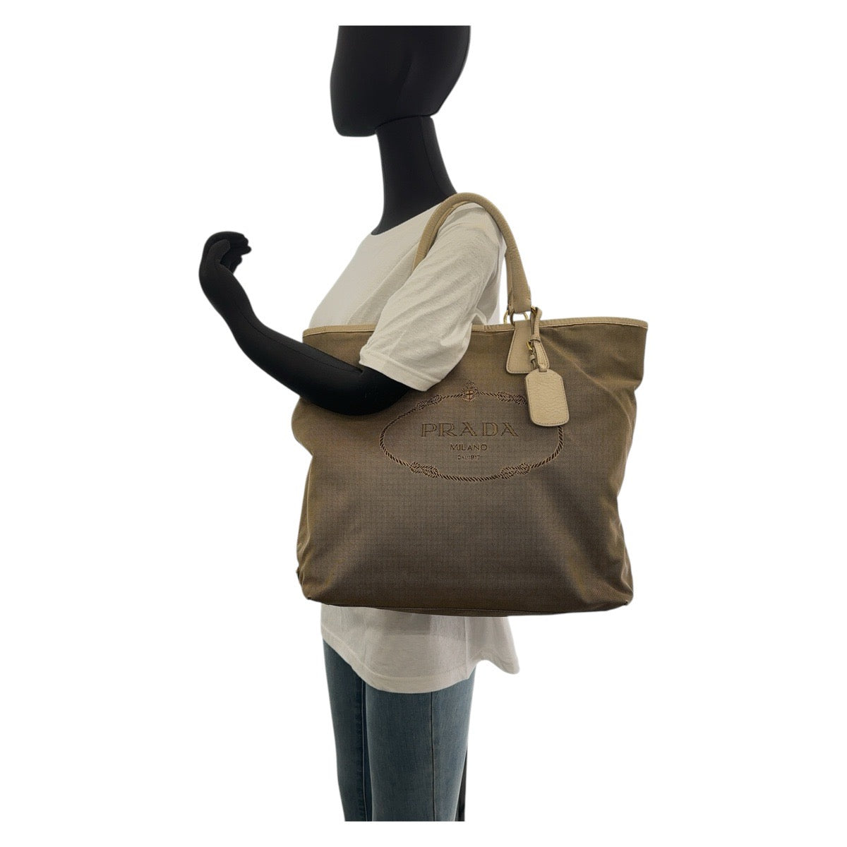 12835
PRADA プラダ ロゴジャガード ベージュ ゴールド金具 キャンバス / レザー 2way トートバッグ ショルダーバッグ  レディース AB24