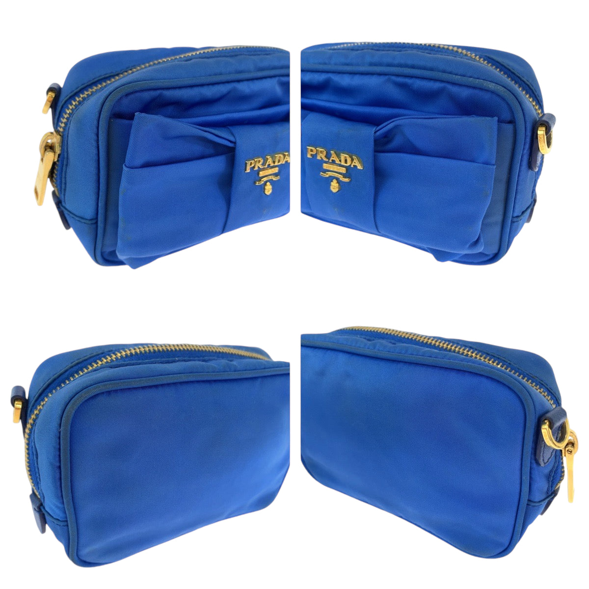 11918
PRADA プラダ テスート リボン ブルー ゴールド金具 ナイロン ショルダーバッグ 斜め掛け ポシェット  レディース