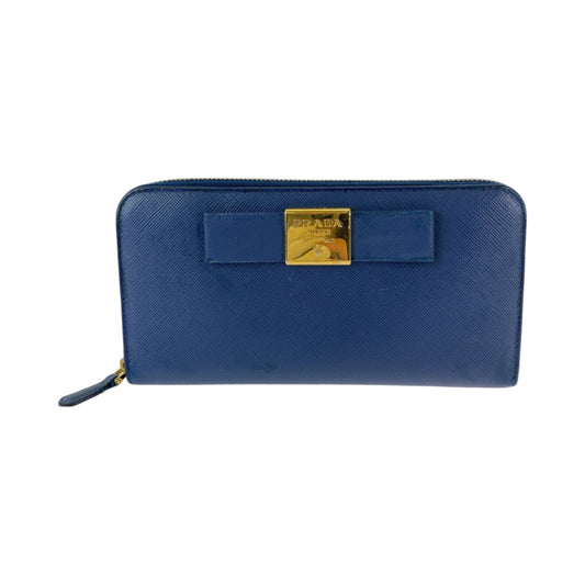 12810
PRADA プラダ サフィアーノ リボン ブルー ゴールド金具 レザー 1ML506 長財布 ラウンドファスナー  レディース