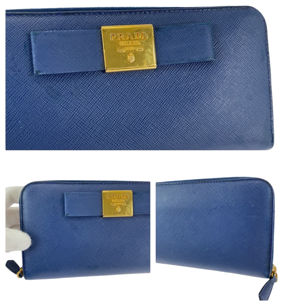 12810
PRADA プラダ サフィアーノ リボン ブルー ゴールド金具 レザー 1ML506 長財布 ラウンドファスナー  レディース