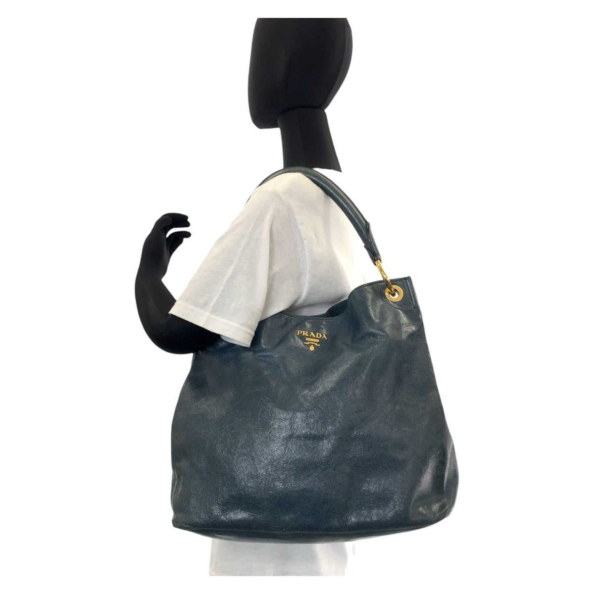 12833
PRADA プラダ ブルー グリーン ゴールド金具 レザー ホーボー ショルダーバッグ ハンドバッグ  レディース