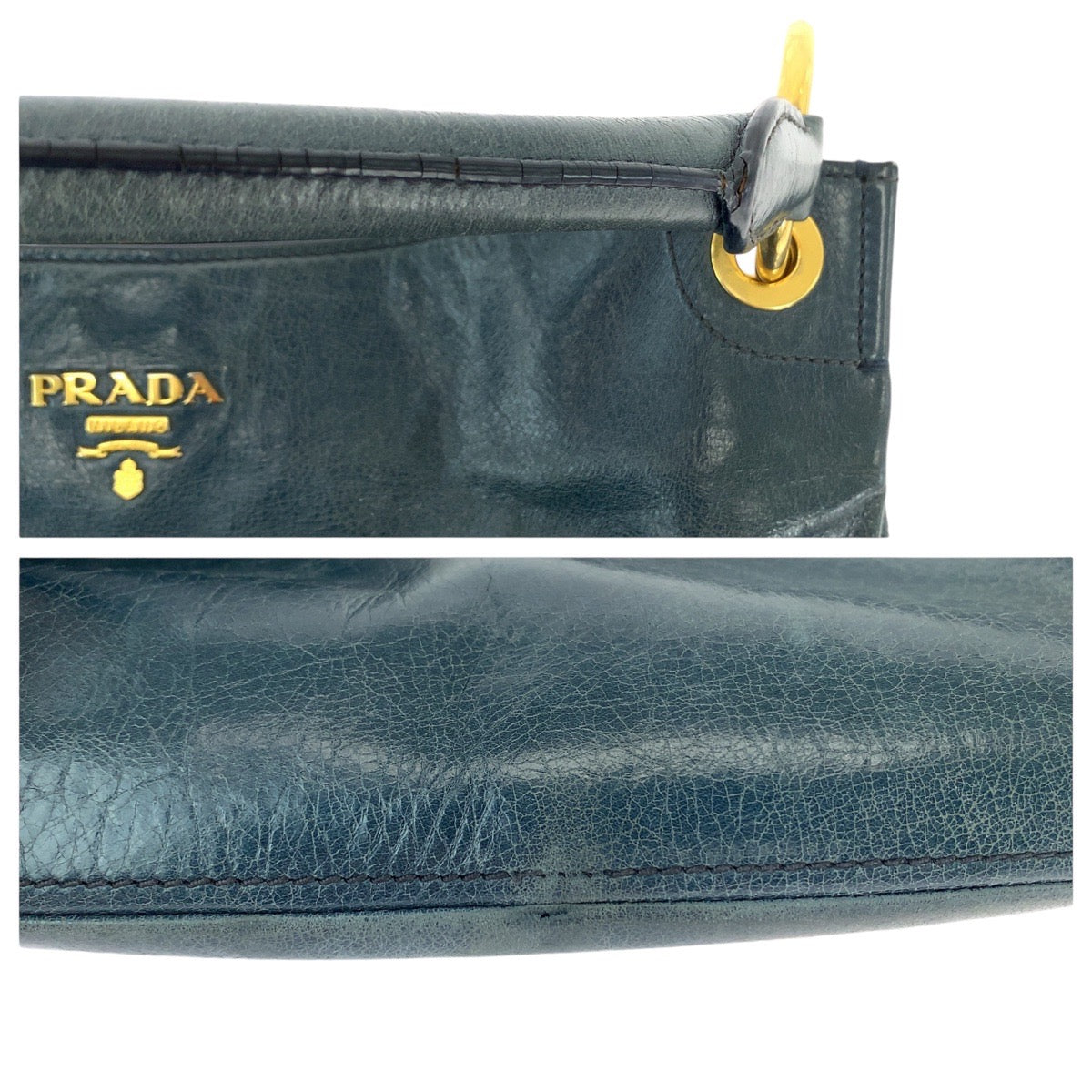 12833
PRADA プラダ ブルー グリーン ゴールド金具 レザー ホーボー ショルダーバッグ ハンドバッグ  レディース
