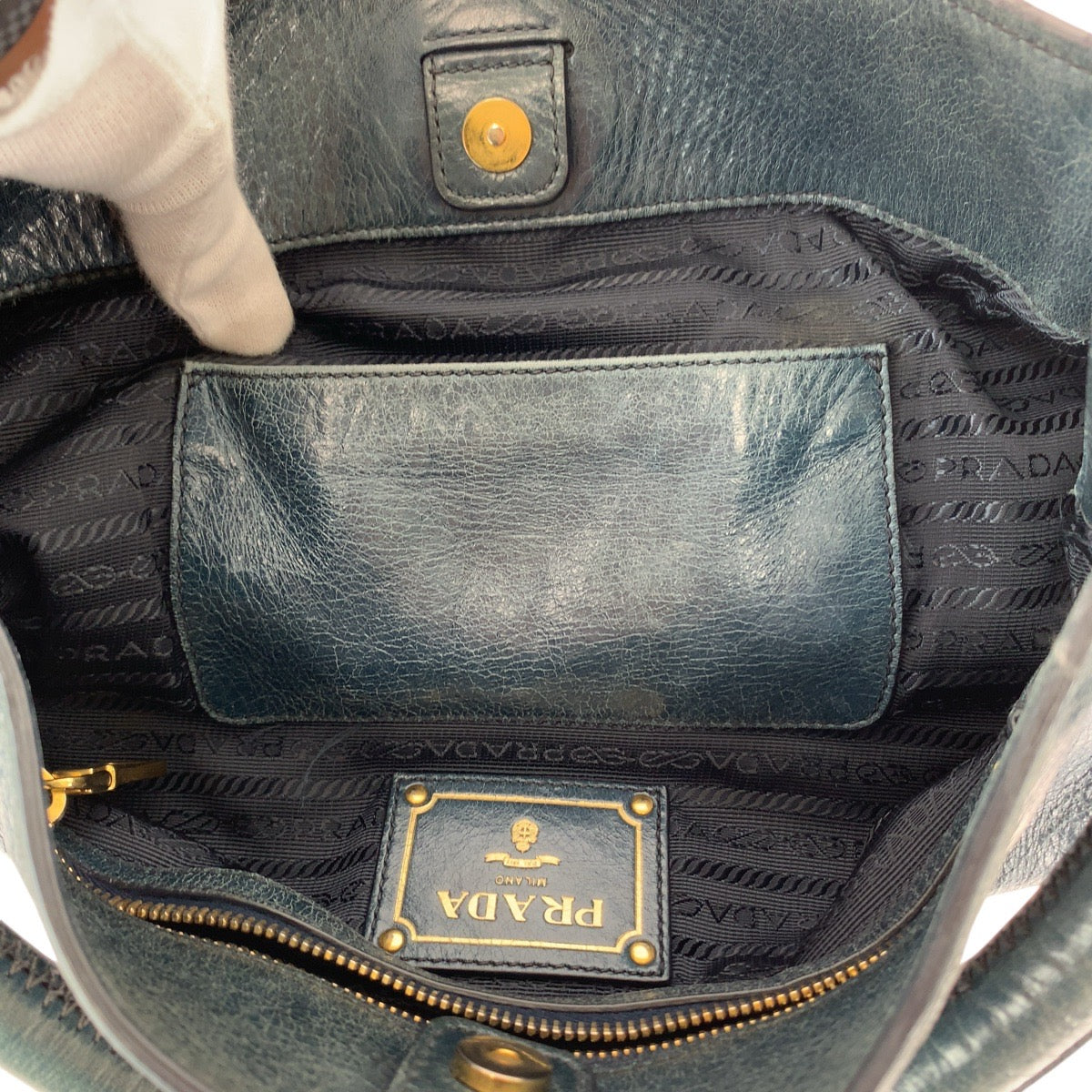 12833
PRADA プラダ ブルー グリーン ゴールド金具 レザー ホーボー ショルダーバッグ ハンドバッグ  レディース