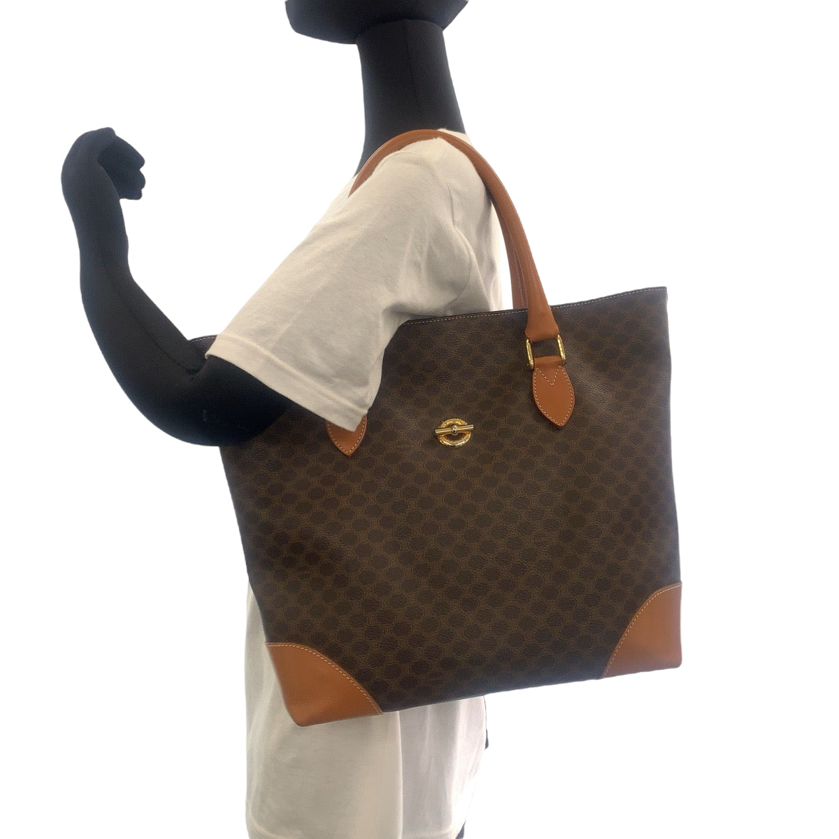 13008
CELINE セリーヌ ヴィンテージ マカダム柄 ブラウン ゴールド金具 PVC CE06 2 トートバッグ ショルダーバッグ  レディース