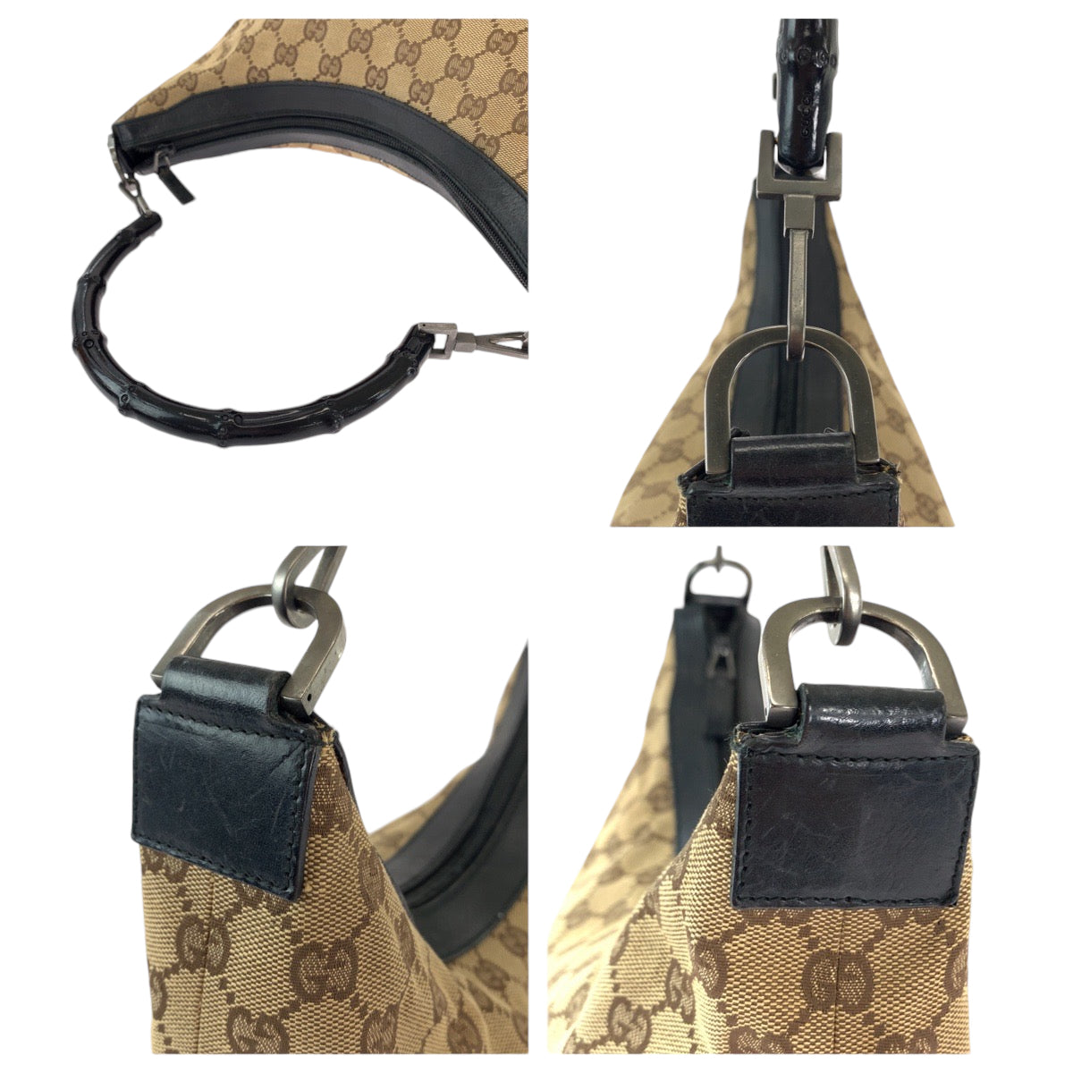 13009
GUCCI グッチ バンブー ホーボー ベージュ ブラック 黒 シルバー金具 GGキャンバス 000 0531 ハンドバッグ ショルダーバッグ  レディース