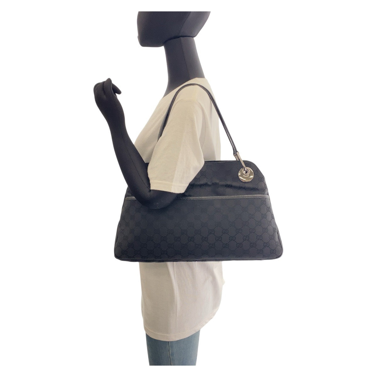 13015
GUCCI グッチ ブラック 黒 シルバー金具 GGキャンバス / レザー 121023 トートバッグ ショルダーバッグ  レディース