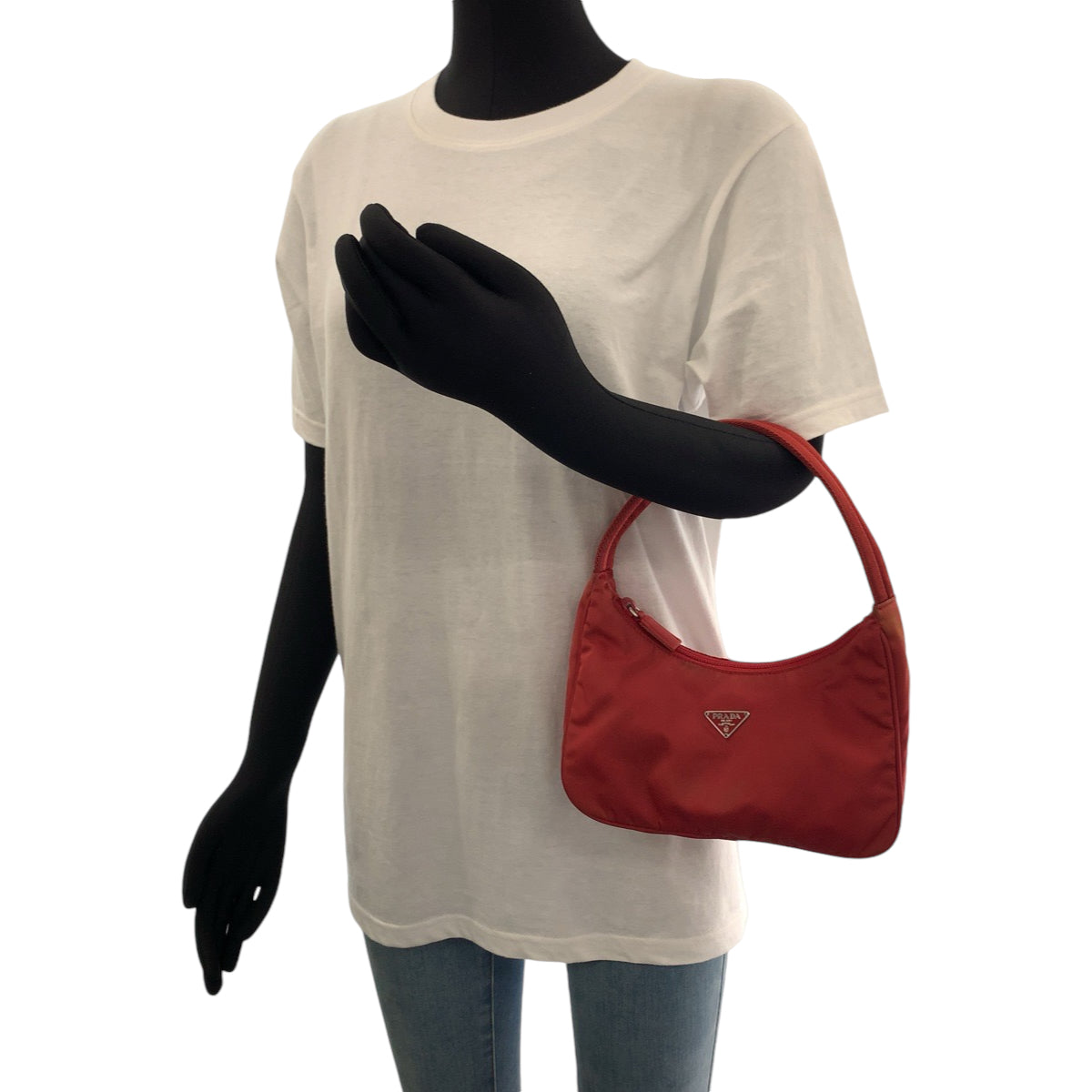 11914
PRADA プラダ テスート ホーボー 三角ロゴプレート レッド シルバー金具 ナイロン MV515 ハンドバッグ アクセサリーポーチ  ABP33
