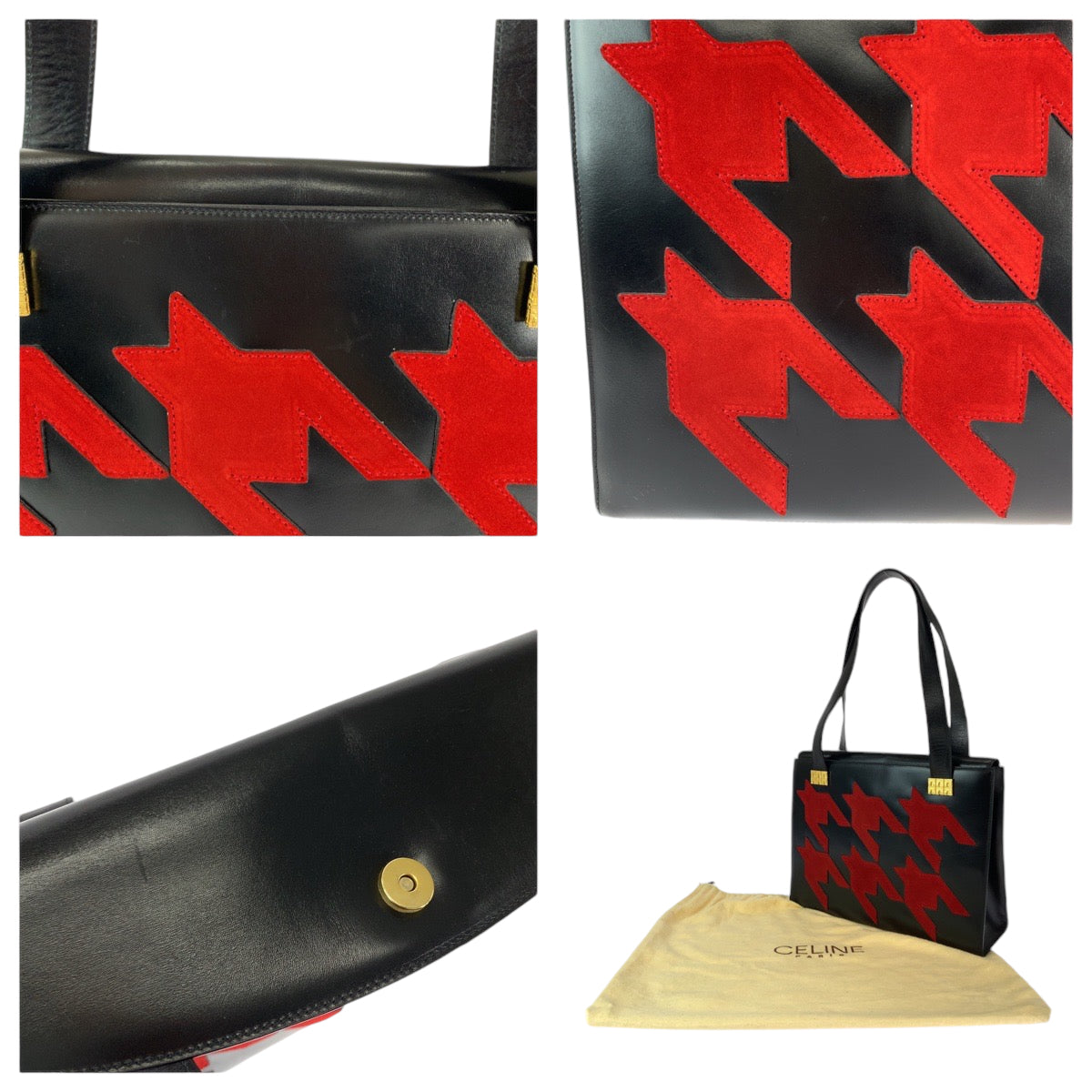 13020
CELINE セリーヌ ヴィンテージ 千柄 ブラック 黒 レッド ゴールド金具 レザー トートバッグ ハンドバッグ ショルダーバッグ レディース ABP54