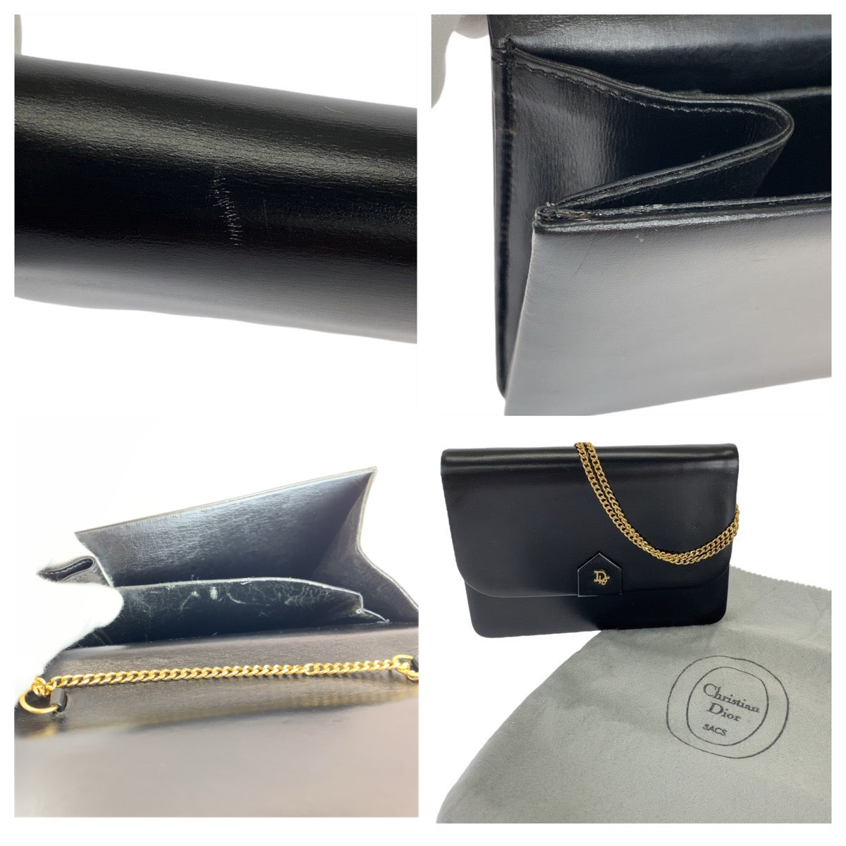 13022
Dior ディオール ヴィンテージ ブラック 黒 ゴールド金具 レザー チェーンショルダーバッグ クラッチバッグ  レディース