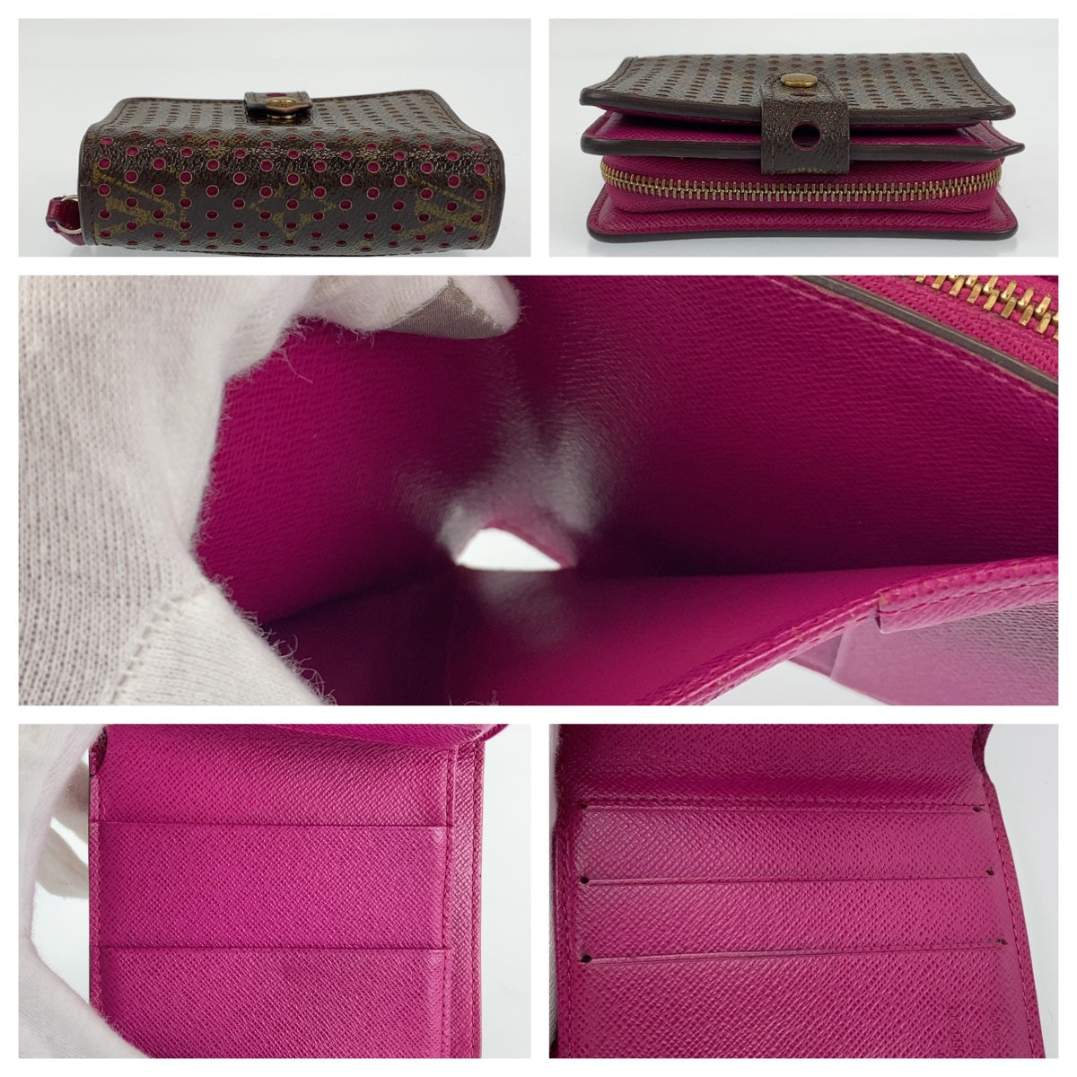 11911
 LOUIS VUITTON Louis Vuitton Monogram Perforated Fuchsia Compact Zip Brown Pink Gold Hardware Leather M95188 Folding Wallet Compact Wallet Women's