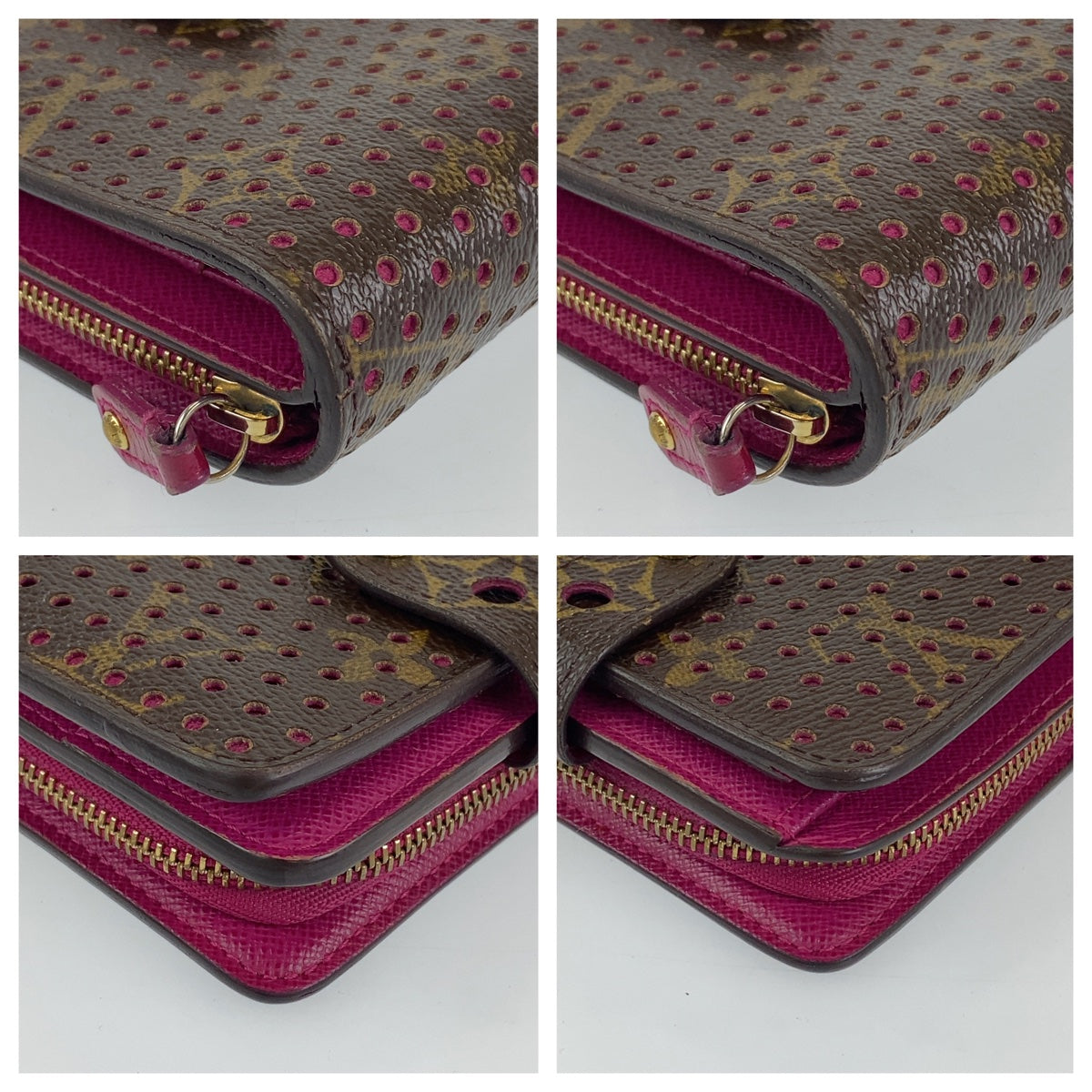 11911
 LOUIS VUITTON Louis Vuitton Monogram Perforated Fuchsia Compact Zip Brown Pink Gold Hardware Leather M95188 Folding Wallet Compact Wallet Women's