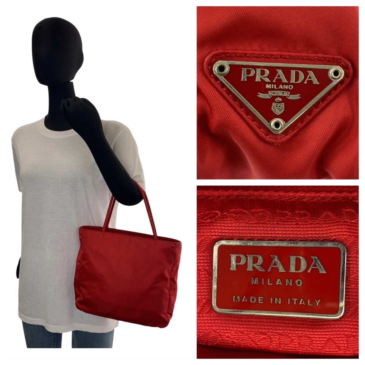 11909
PRADA プラダ テスート 三角ロゴプレート レッド ナイロン トートバッグ ハンドバッグ  レディース