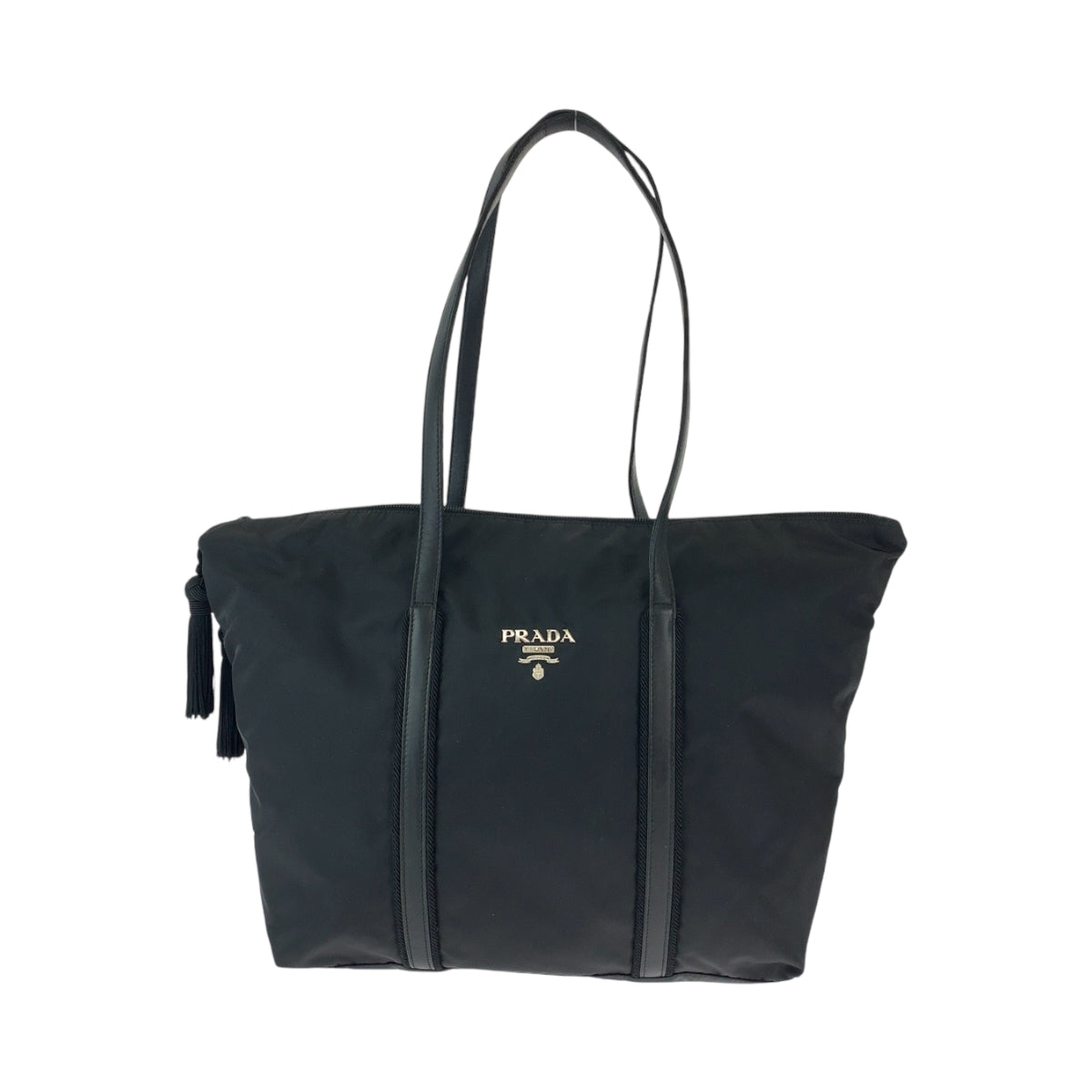 13030
PRADA プラダ テスート 三角ロゴプレート フリンジ ブラック 黒 シルバー金具 ナイロン BR3920 トートバッグ ショルダーバッグ  レディース