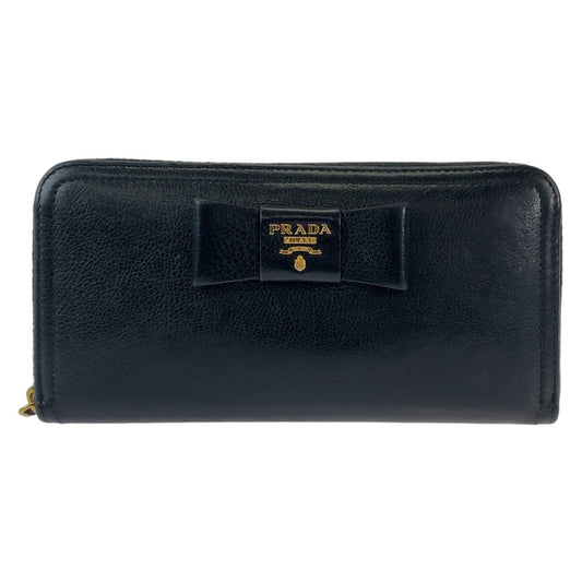 12809
PRADA プラダ リボン ブラック 黒 ゴールド金具 レザー 長財布 ロングウォレット  レディース