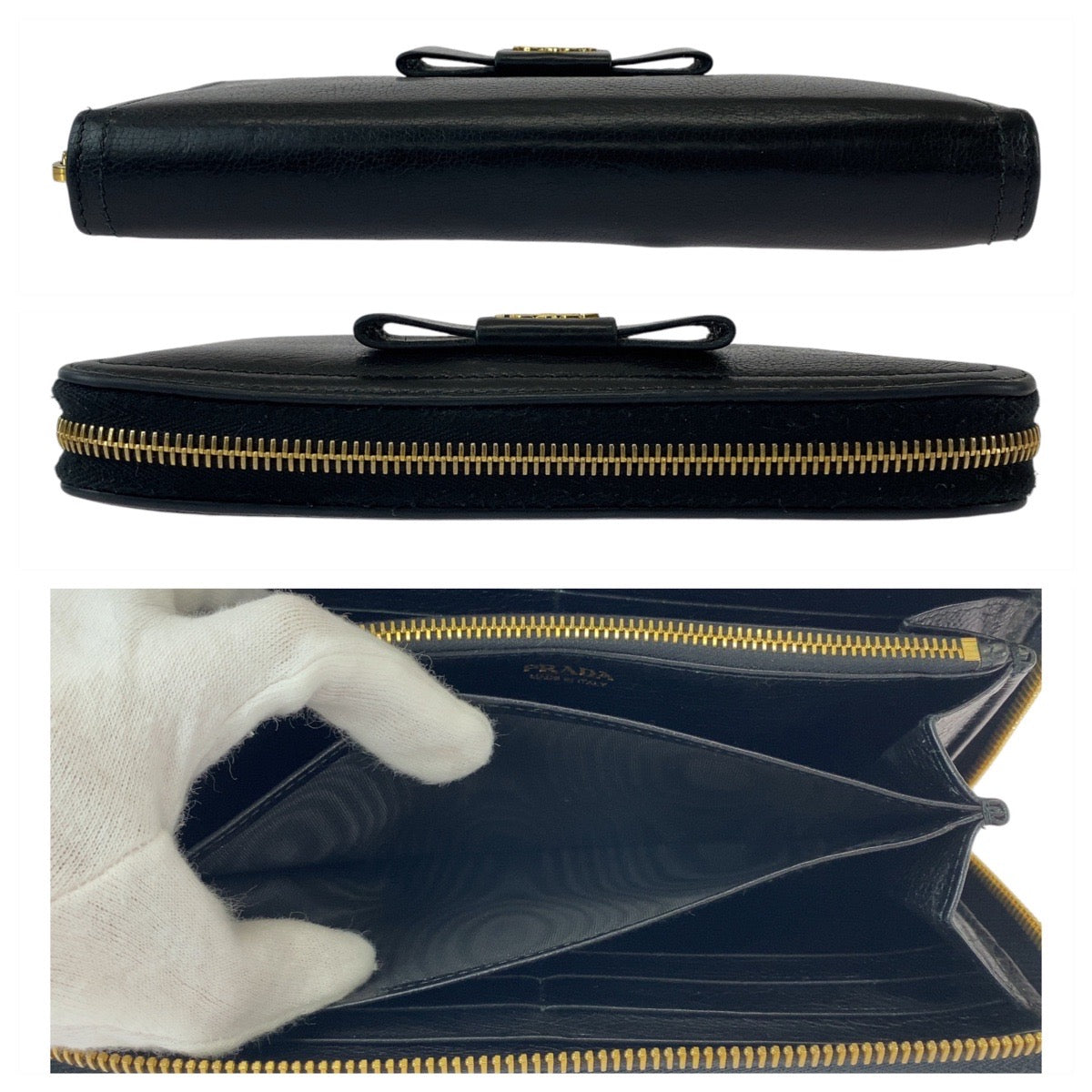 12809
PRADA プラダ リボン ブラック 黒 ゴールド金具 レザー 長財布 ロングウォレット  レディース