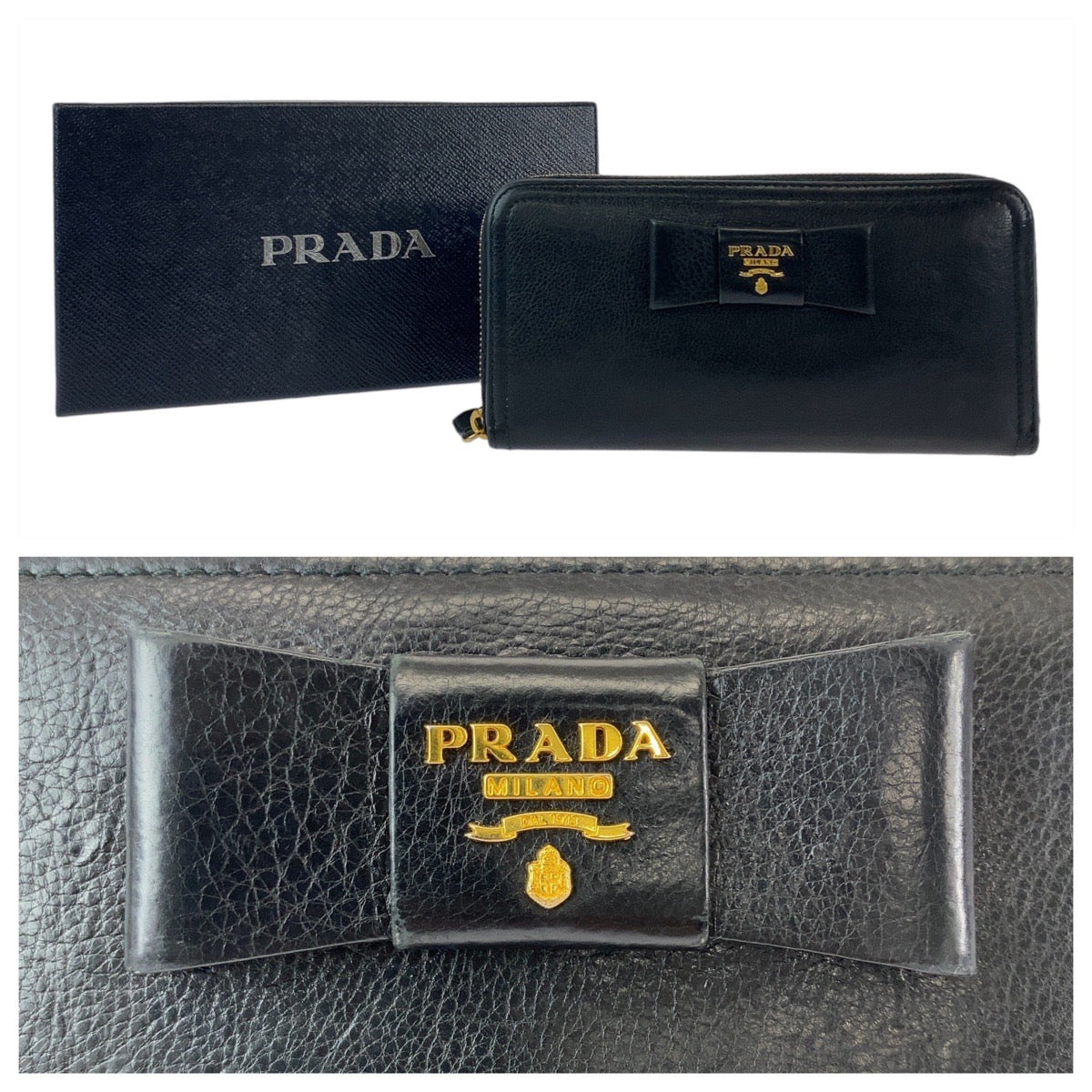12809
PRADA プラダ リボン ブラック 黒 ゴールド金具 レザー 長財布 ロングウォレット  レディース