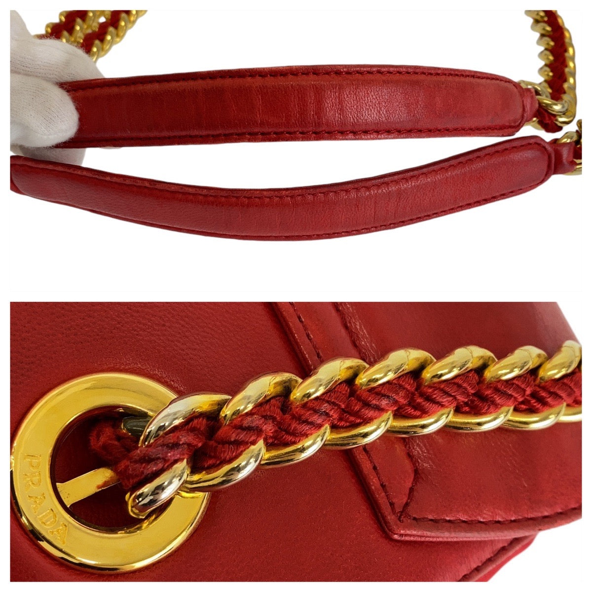 13033
PRADA プラダ ヴィンテージ レッド ゴールド金具 レザー チェーン ショルダーバッグ ポシェット  レディース
