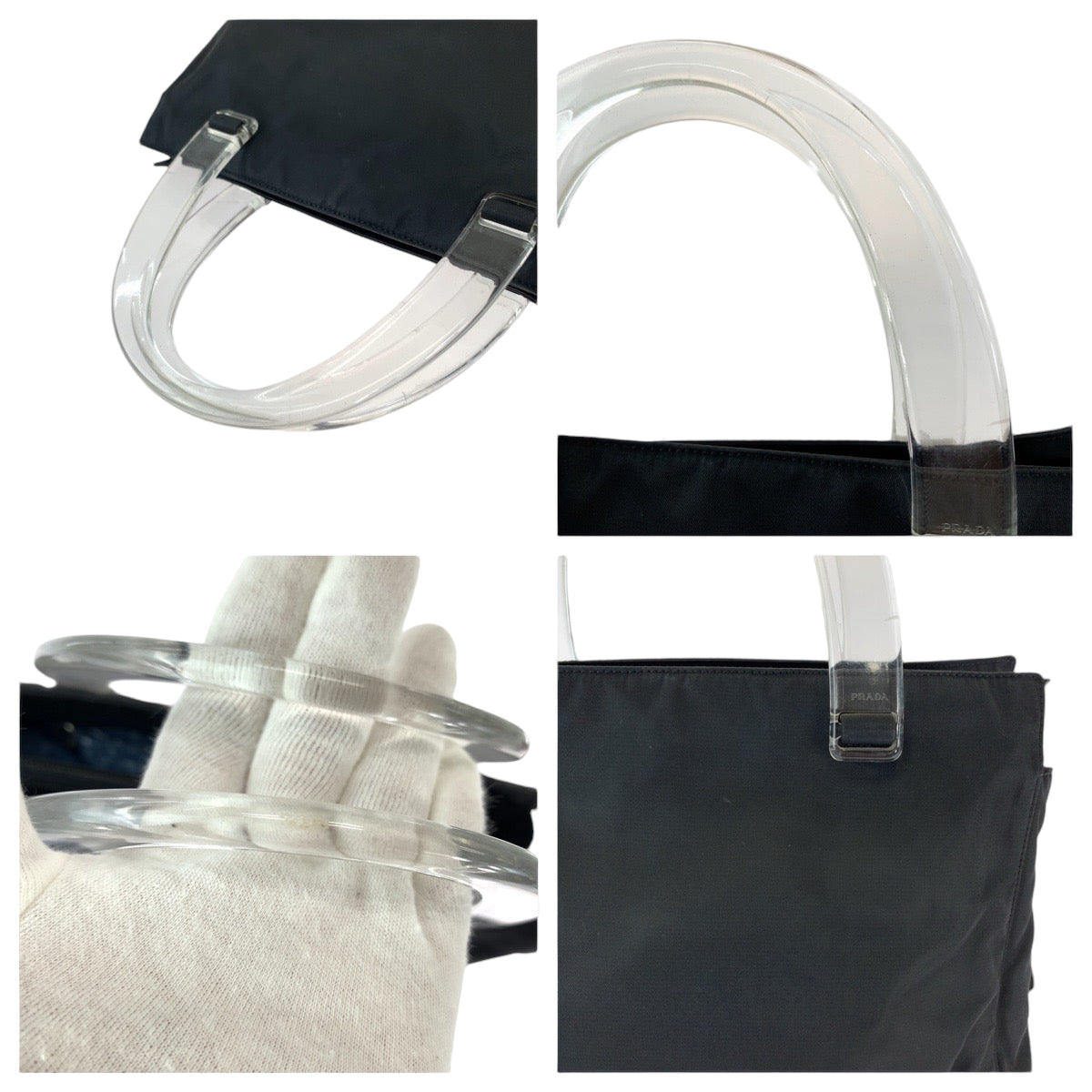 12829
PRADA プラダ テスート 三角ロゴプレート プラハンドル ブラック 黒 クリア ナイロン ハンドバッグ トートバッグ  レディース