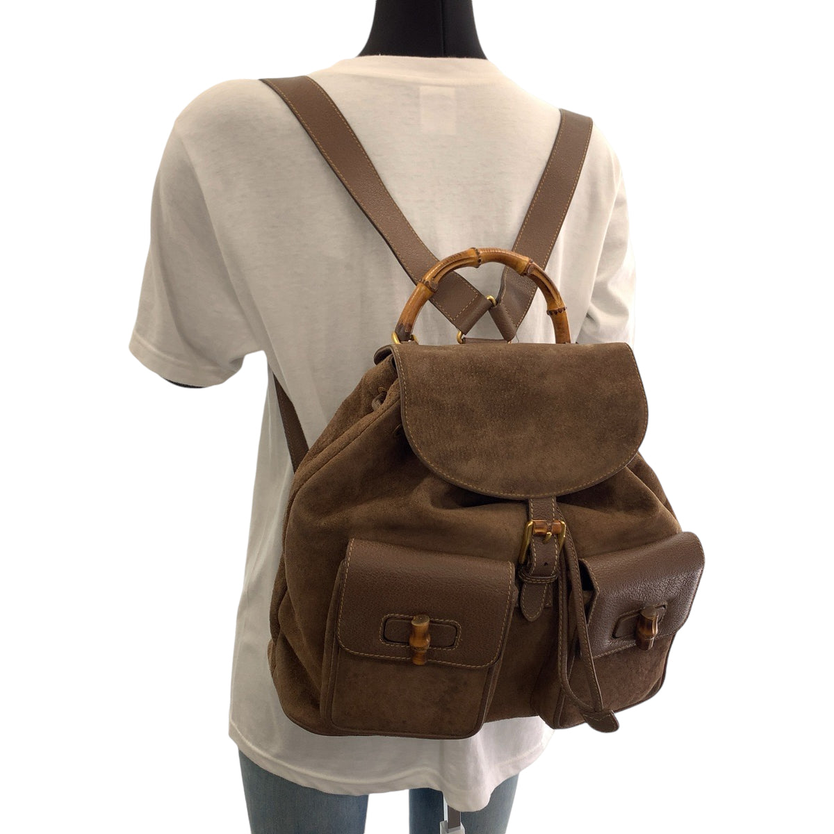 13035
GUCCI グッチ ヴィンテージ バンブー オールドグッチ ブラウン ゴールド金具 スウェード 003 2058 0016 リュックサック バックパック  レディース
