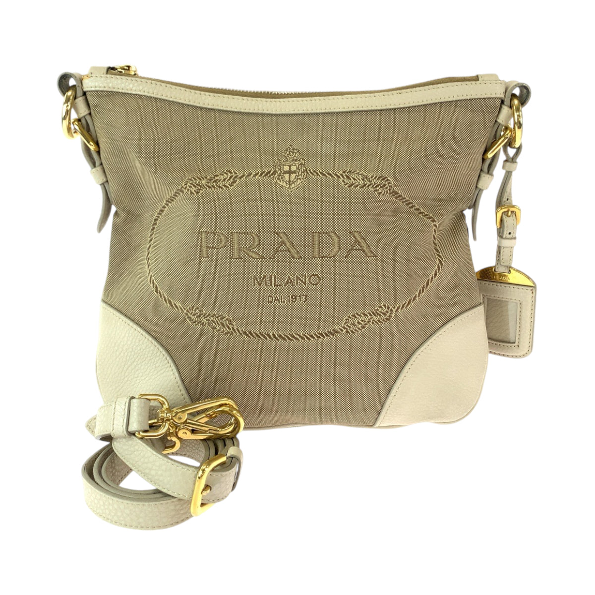 11892
PRADA プラダ ロゴジャガード ベージュ アイボリー ゴールド金具 キャンバス ショルダーバッグ メッセンジャーバッグ  レディース