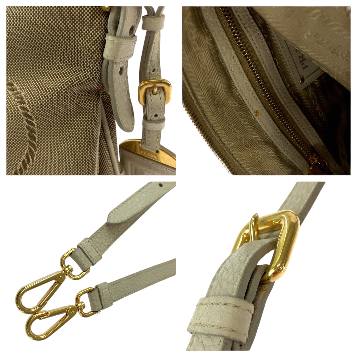11892
PRADA プラダ ロゴジャガード ベージュ アイボリー ゴールド金具 キャンバス ショルダーバッグ メッセンジャーバッグ  レディース